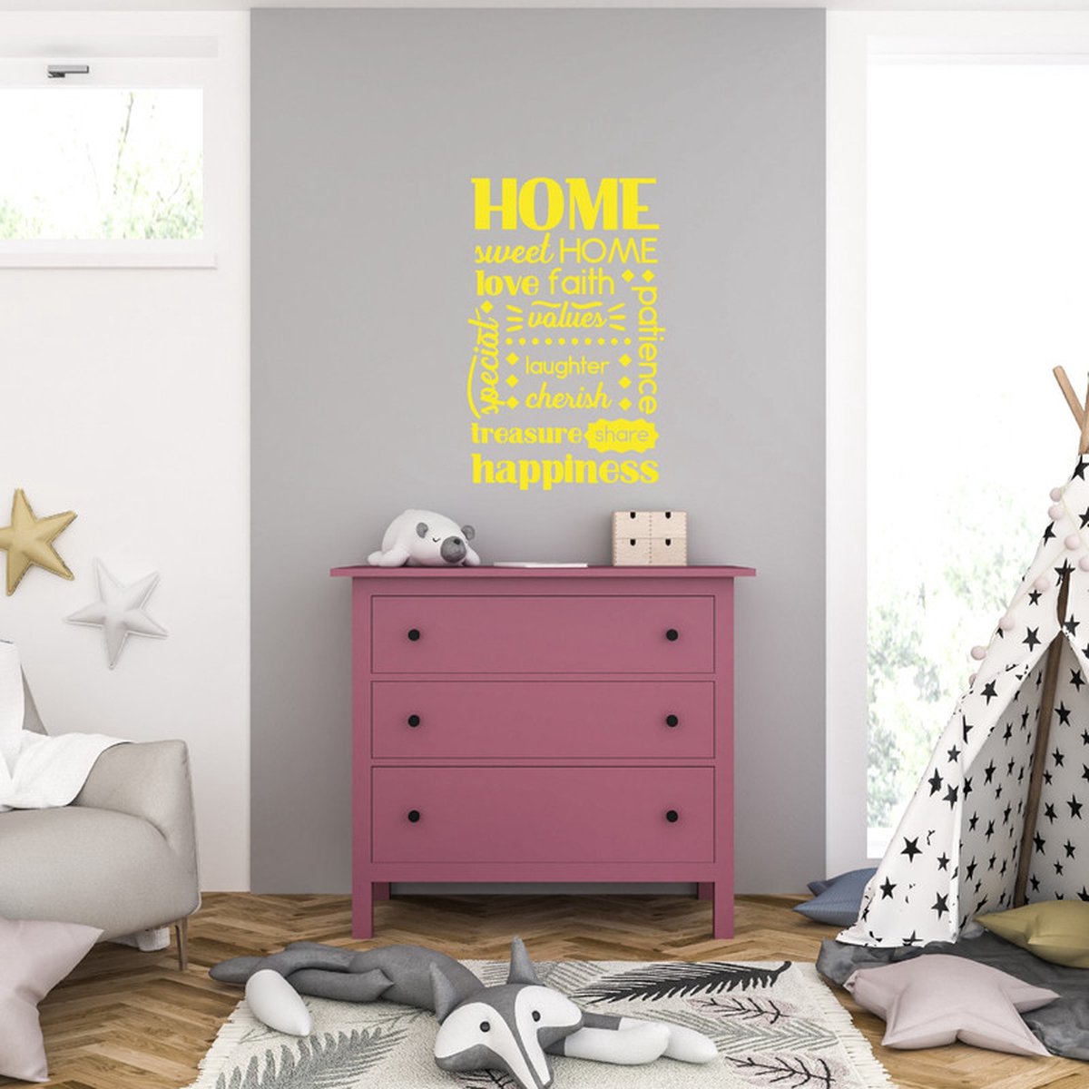Muursticker - Home - 46,4 x 72,8 - Geel op Prijzenvolger.com