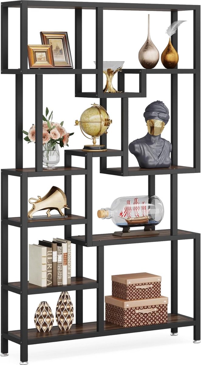 TRIBESIGNS - Boekenkast - Boekenrek met 7 Planken - Industrieel - Spaanplaat - Bruin/Zwart - 100 x 30 x 180 cm