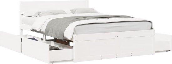 vidaXL Bedframe met lades massief grenenhout wit 120x200 cm, bed, bed ombouw, twijfelaar bed, bedbodem, slaapkamermeubel, 2 persoonsbed