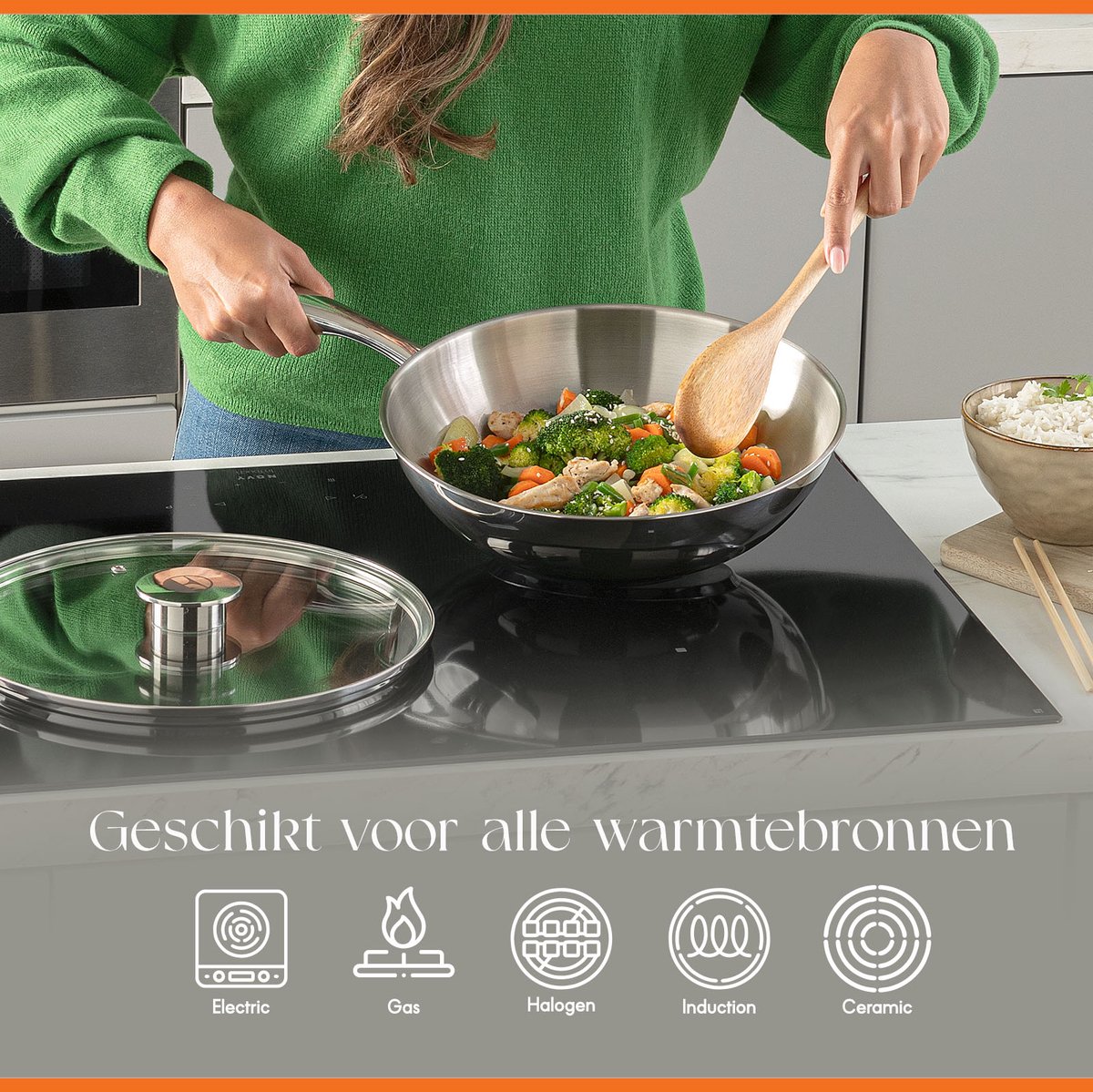 ELLE Gourmet Moderne 4-delige RVS Pannenset - 20, 24 & 28 cm Koekenpannen 28 cm Wokpan met Deksel - PFAS vrij - Inductie