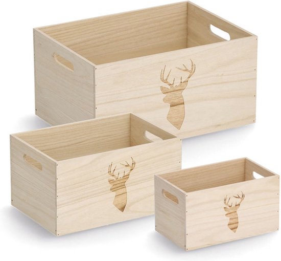Zeller Boîte de rangement/coffre - 2x - naturel - bois - motif cerf estampé - 30 x 20 x 16 cm - magasin de speelgoed