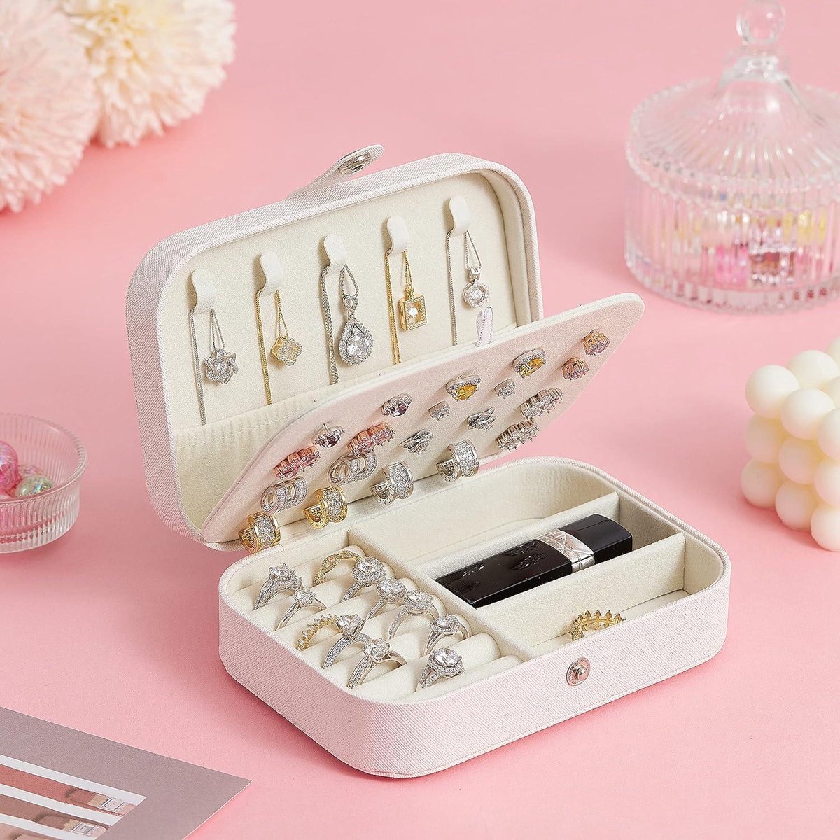 Boxudeli Reissieradenkistje, groot, fluweel, draagbaar, voor kleine sieraden, oorbellen, ringen, halskettingen, armbanden, reissieraden voor vrouwen (beige