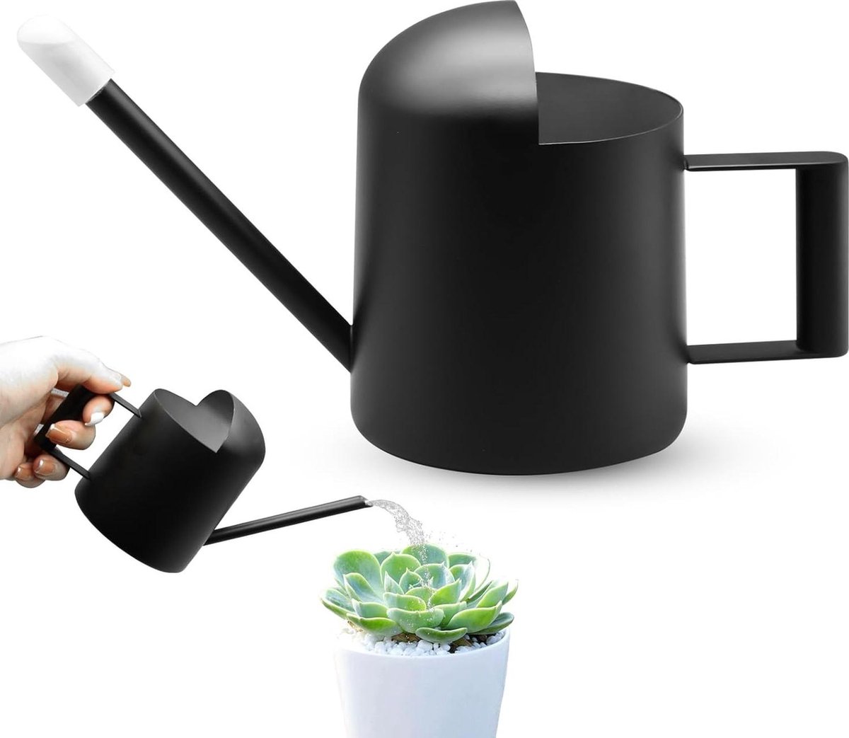 Roestvrijstalen mini gieter met lange uitloop en bestrooiingsfunctie - voor planten, tuin, binnen, buiten - zwart
