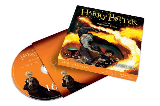 Harry Potter en de Half-Bloed Prins luisterboek met Dumbledore en Harry die een toverstaf vasthouden.