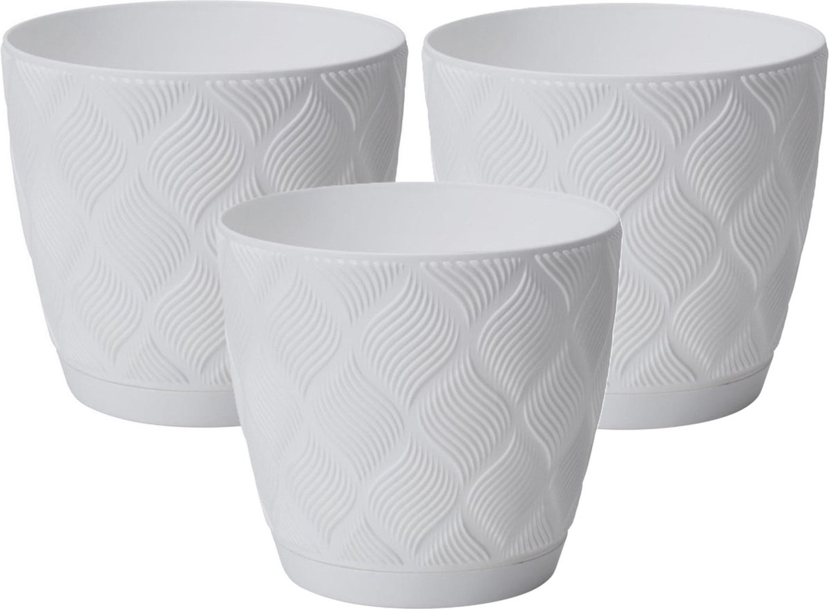 Form Plastic Plantenpot/bloempot New Age - 3x - kunststof - ivoor wit - D15 x H14 cm - met opvang schotel - rond