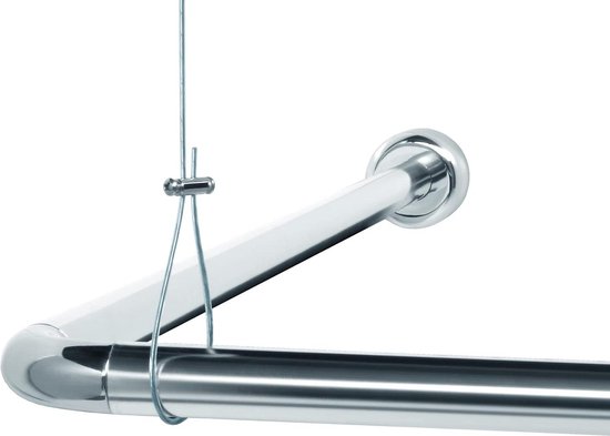 L-vormige douchegordijnstang, verstelbaar 104-132 cm × 104-132 cm, roestvrijstalen hoekdouchestang moet worden geboord, waterdicht en roestvrij, 90 graden gordijnroede inclusief 12 ringen (zilver