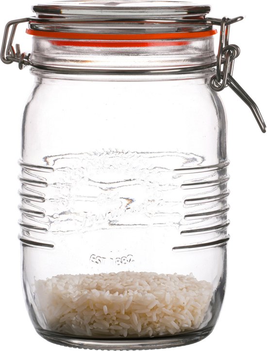 Bocal en verre de 1 litre, rempli de riz, avec joint orange et fermoir à levier argenté.