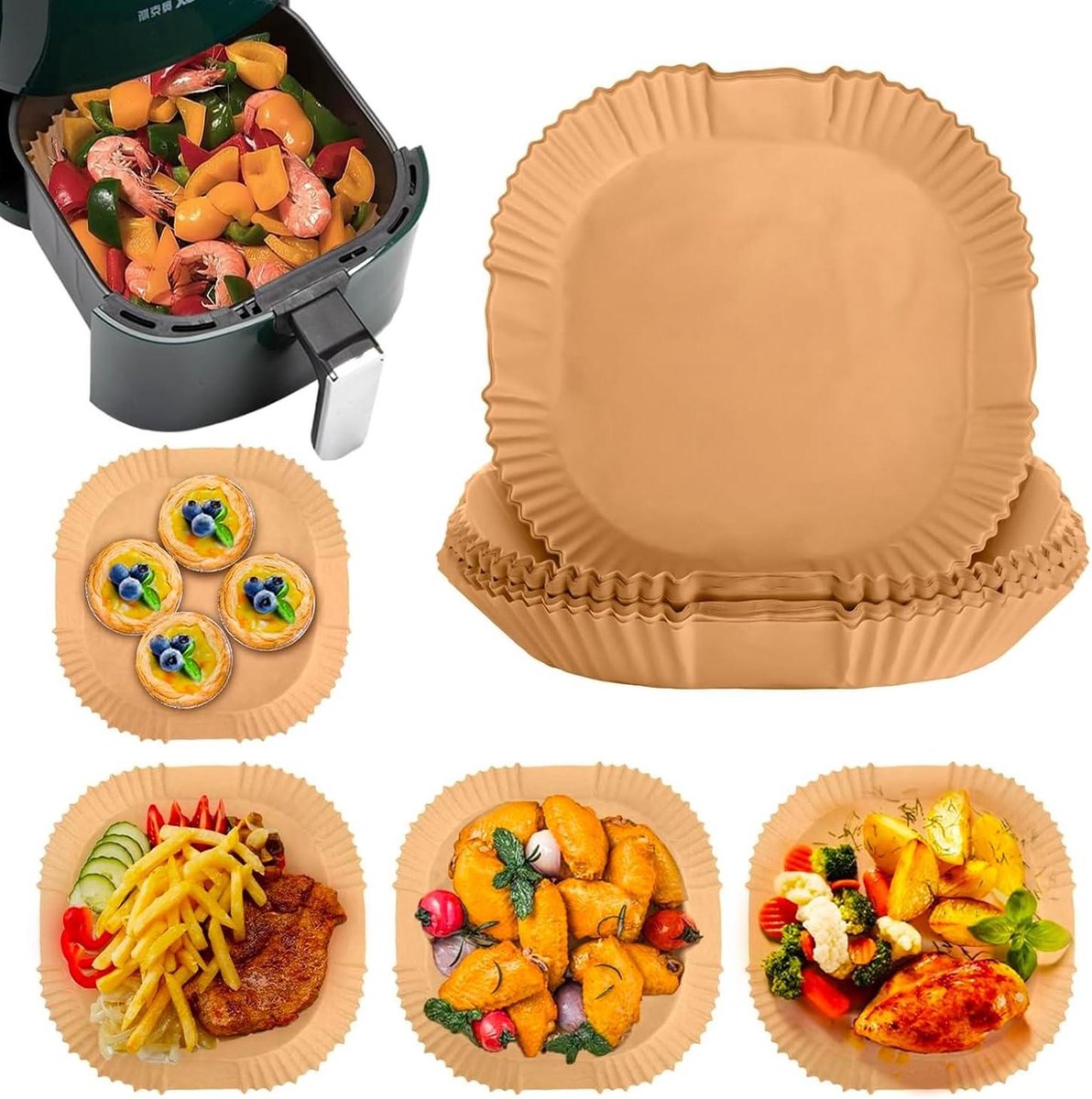 Bakpapier voor luchtfriteuse - antiaanbaklaag - vierkant 20 cm - 50 stuks