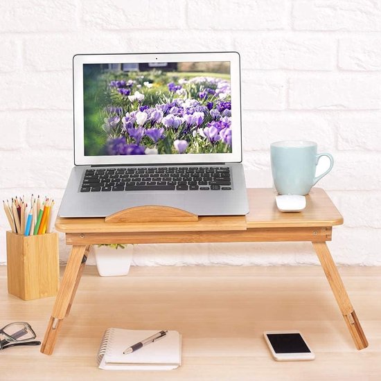 Ejoyous Laptoptafel, bureau, bamboe, in hoogte verstelbaar, opvouwbare laptoptafel, bedtafel, laptopstandaard met lade en ventilatiesleuven, ontbijtdienblad voor bed of bank
