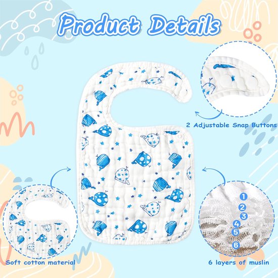 10 stuks babyslabbetjes, katoenen newborns sabber absorberende slabbetjes met verstelbare drukknopen, zachte ademende doeken voor babytanden, voeding, spenen (0-36 maanden) van MiiDD — afbeelding 5