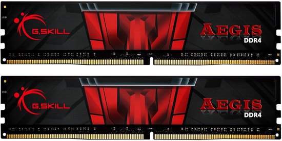 Twee zwarte RAM-modules met rode G.Skill Aegis DDR4 logo's.