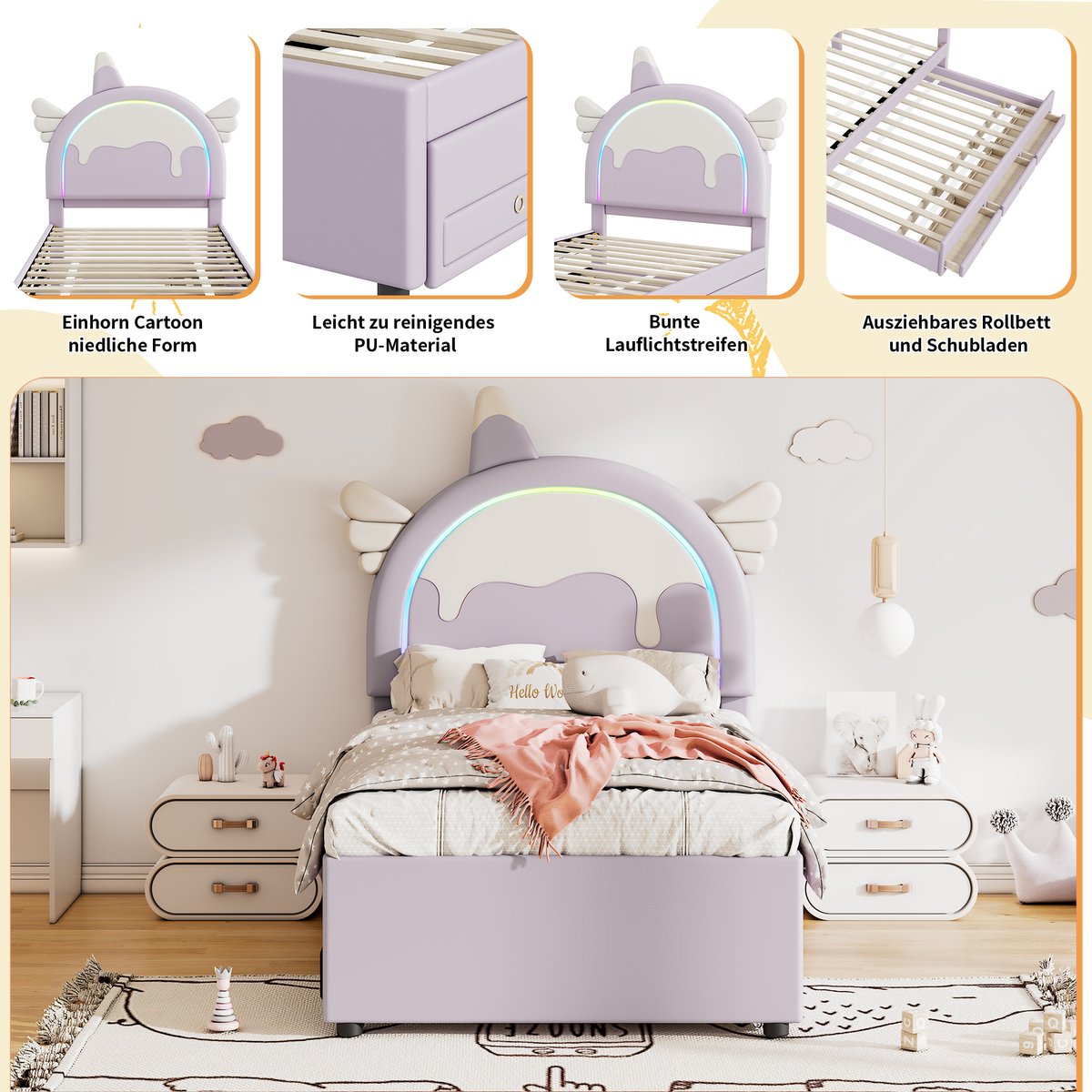 Sweiko Cartoon Kinderbed 90*200cm, Eenhoorn vorm, met LED verlichting, Uitgerust met Uitschuifbaar roll-out bed, PU materiaal, Violet — cadeau in Cadeau-ideeën - foto 8