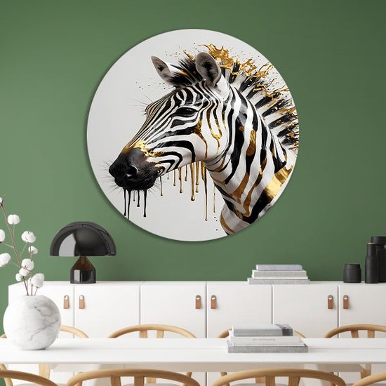 Décoration murale Zèbre ronde - Peinture animale - Décoration murale ronde Or - Peintures classiques - Cercle mural - Décoration murale chambre à coucher cercle mural forex 90x90 cm