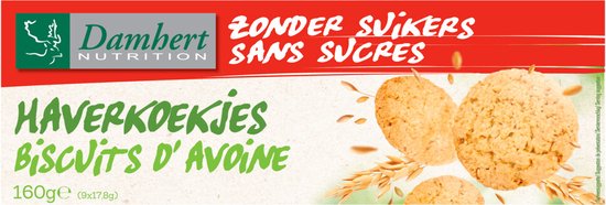 Damhert Haverkoekjes Zonder Suikers, met 3 haverkoekjes op de verpakking.