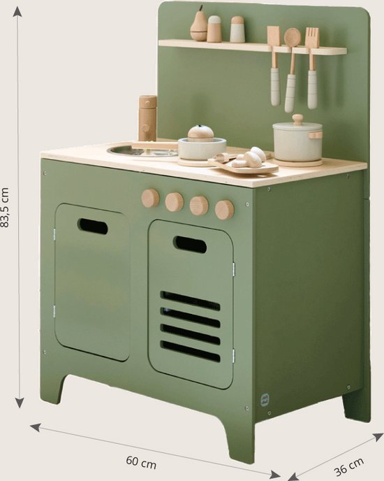 Speelkeuken Hout Olijfgroen - Kinderkeuken inc. 13 Speelgoed keuken accessoires - Frisse, rustgevende en speelse vol magie - Elke Dag een Culinaire Droom