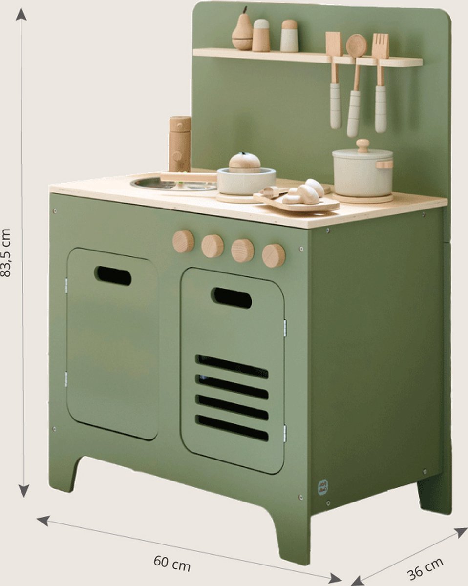 Speelkeuken Hout Olijfgroen - Kinderkeuken inc. 13 Speelgoed keuken accessoires - Frisse, rustgevende en speelse vol magie - Elke Dag een Culinaire Droom — afbeelding 3