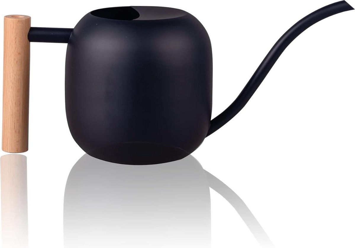 1 liter houten handvat roestvrijstalen gieter - kleinere potplanten - lange uitloop - comfortabel voor kamerplanten - vetplanten - zwart