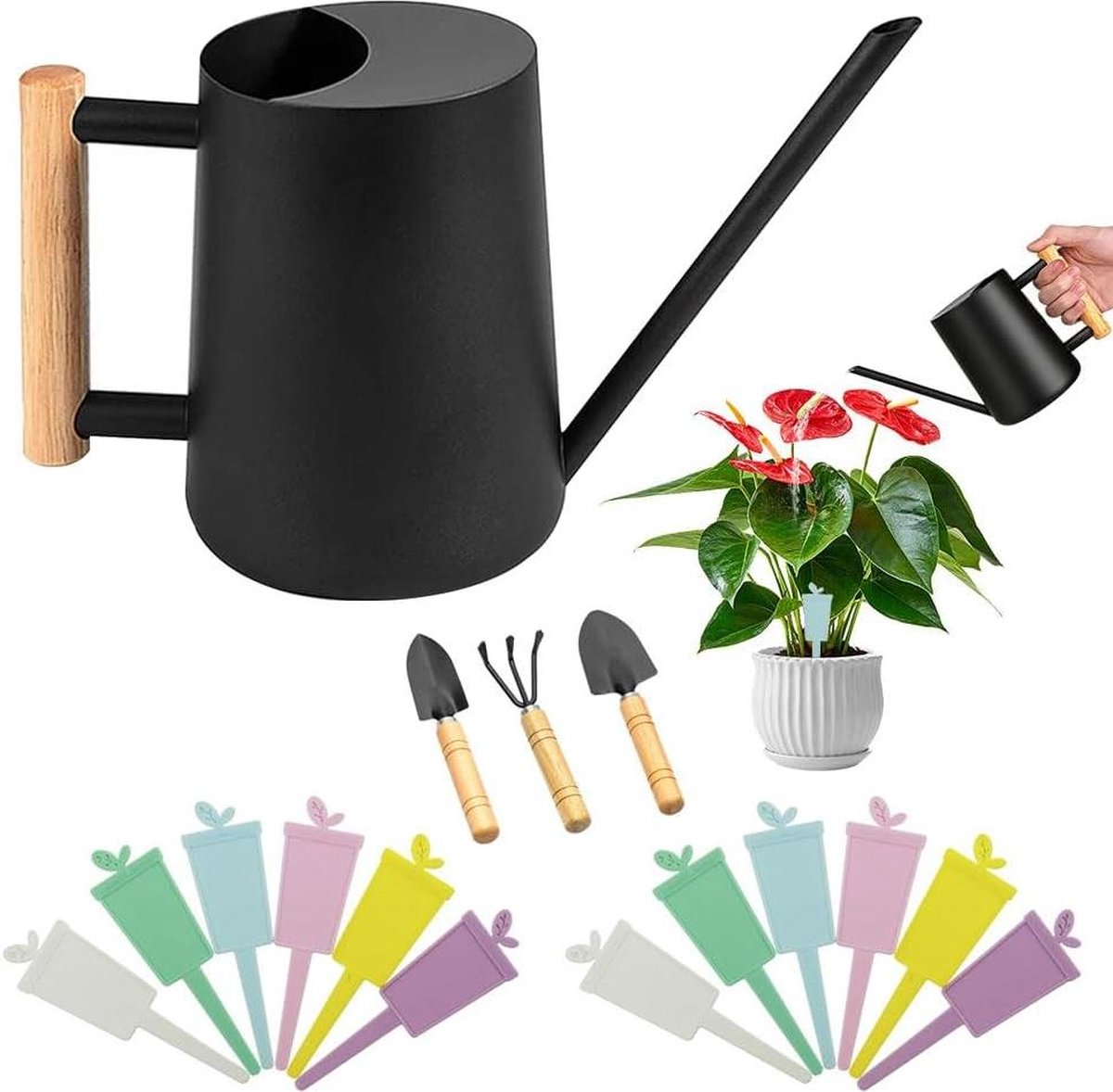 Gieter 1 liter met lange uitloop en houten handvat voor kamerplanten - Roestvrij staal - Decoratieve gieter voor balkon, kantoor en woonkamer