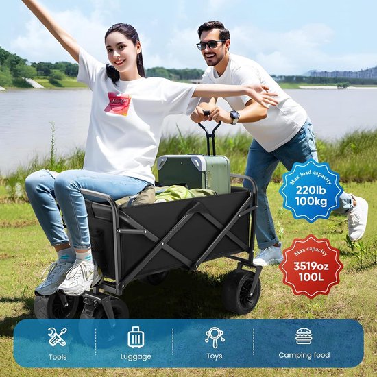 Opvouwbare Tuin Wagon Rem Grote Wielen Strand Winkelwagen - Max Capaciteit 100kg - Festival Camping Picknick Zwart van Lifetime Gardens — afbeelding 5
