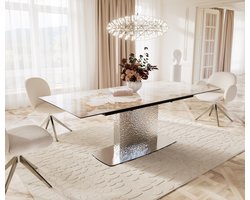 Eetkamertafel Edge keramiek Minas Melange wit-beige 180-220x100 Wave RVS uitschuifbaar
