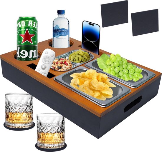 Foto: Bar snack box sofa tray roestvrij staal houtkleur afneembaar deksel woonkamer tuin party