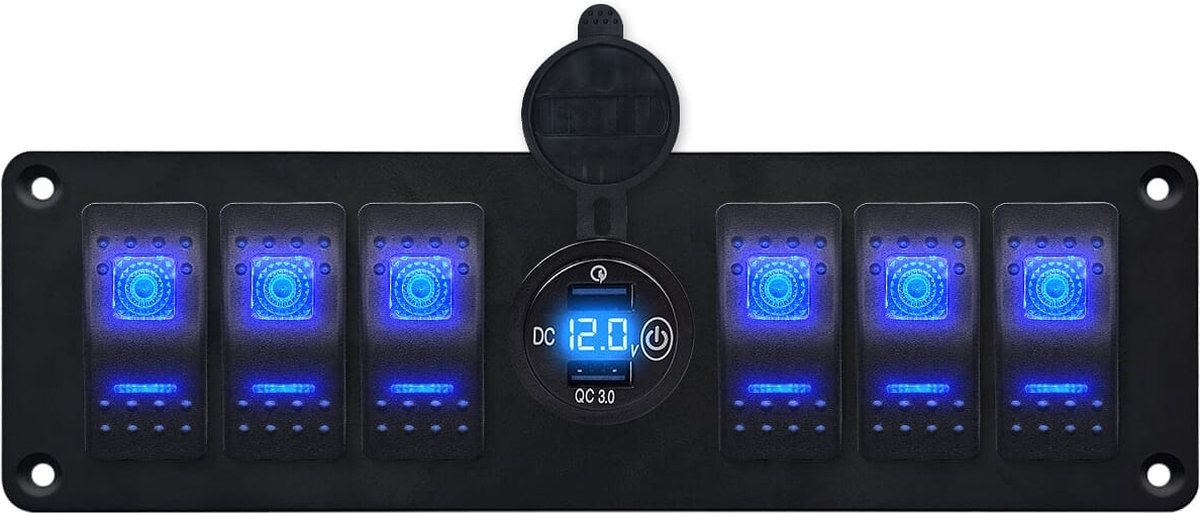 ProRide Schakelpaneel 12V voor Auto/Boot - USB Stopcontact 2 Poorten met Schakelaar en Voltmeter - QC3.0 - 6 schakelaars - Blauw