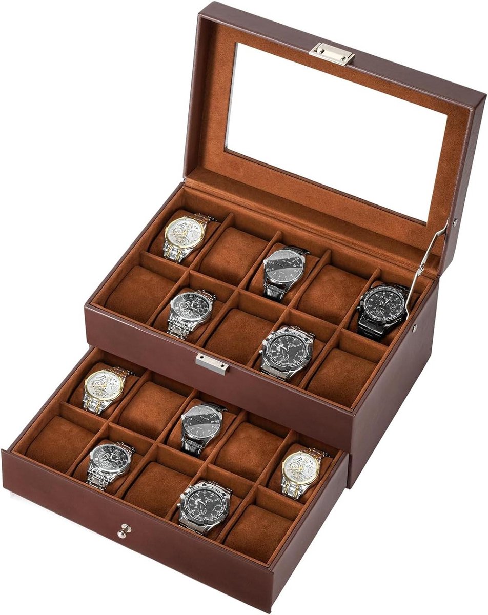 20-slots Horloge Box voor mannen - Horloge Vitrine Organizer - PU Lederen Horlogegevallen - Vaderdag Gift - Horloge Opslag - Espresso