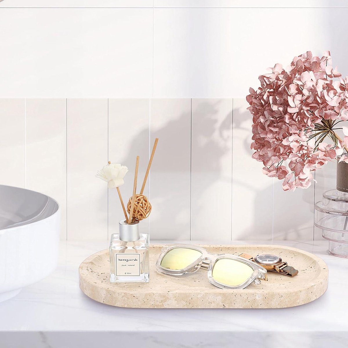 WORHE Vanity Tray Italië Natuurlijke Travertijn Steen Decoratieve Dienblad voor Parfum Cosmetische Kaars Rechthoek Keuken Organizer Koffietafel Grote Moderne Dienblad voor Thuis Housewarming