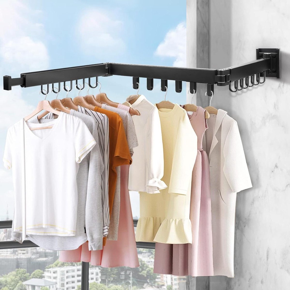 Goedkoopste Wandmontage droogrek kledingstang 120 cm uittrekbaar inklapbaar - wasrek met 18 ophanghaken voor balkon en wasruimte