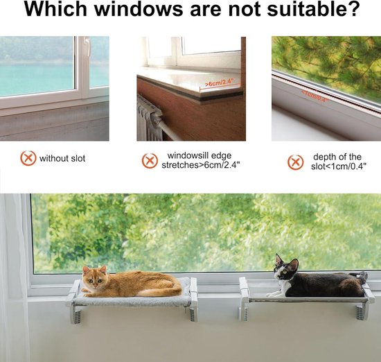 Kattenraam baars hangmat voor binnenkatten - 55 x 35 cm verstelbaar kattenraam bed ligstoel met kussen tot 18 kg grijs cat window perch