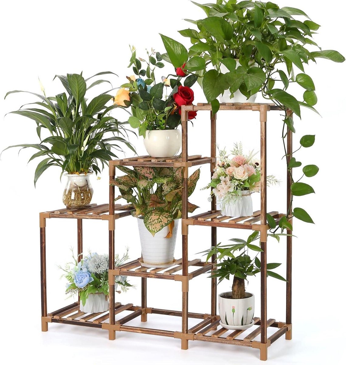 Green Harmony Plantenrek Hout-Multifunctioneel Bloemenstandaard-Tuindecoratie 7 niveaus Green Harmony Plantentafel 1.0