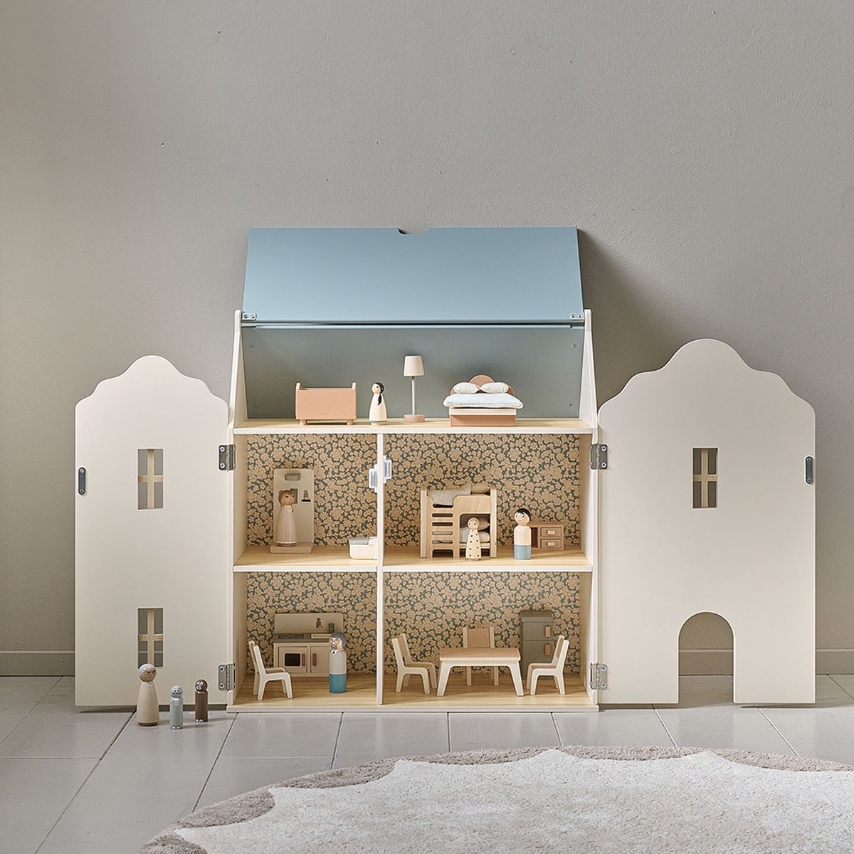 Petite Amélie Houten Poppenhuis Beige & Pastelblauw - H.66 cm - Drie Verdiepingen vol Tijdloze Charme - Stralend Beige met Pastelblauw Dak — afbeelding 10