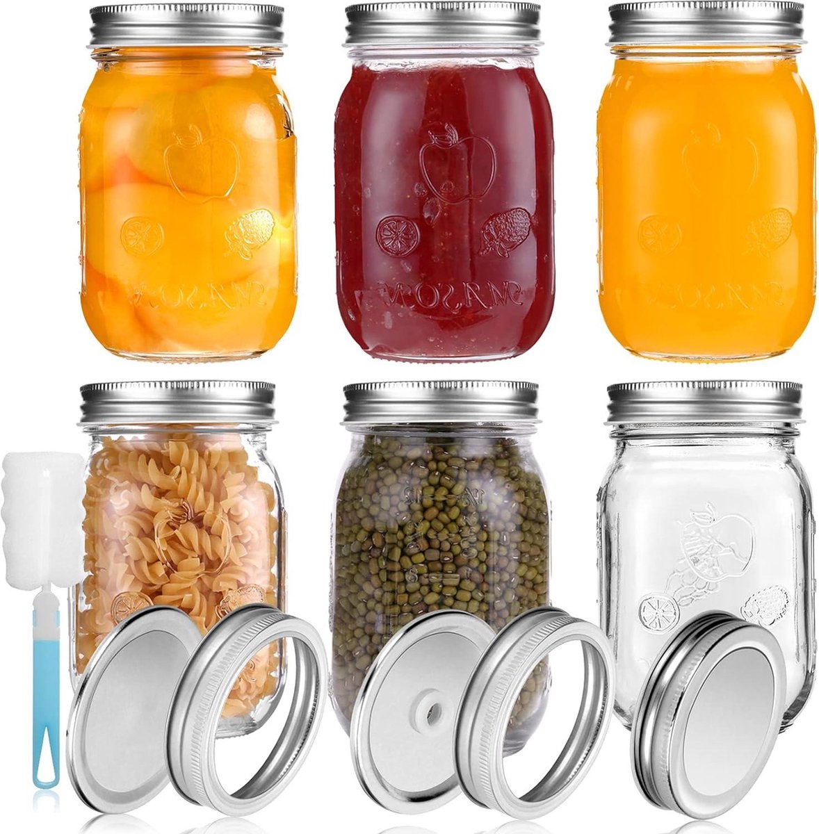 Mason Jars 450ml Glass Jars with Lids and Ribbons Spice Jars for Food Storage Jam Honey Wedding Gifts Shower Gifts DIY Storage Jars 6 Packs