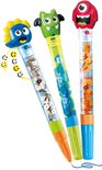 Drie monsterpennen. De pennen zijn gevuld met glitter, hebben monsterhoofdjes en zijn oranje, groen en blauw.