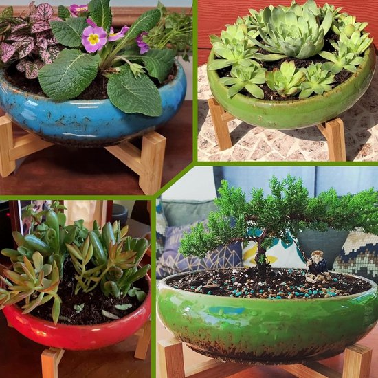 EPFamily 20 cm keramische bonsai plantenbak, geglazuurde ondiepe vetplant met drainagegat en bamboe schotel voor kamerplanten, bruin