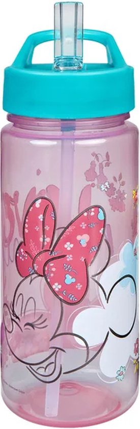Bouteille rose avec une image de Minnie Mouse avec un nœud et des fleurs. Bouchon bleu avec paille.