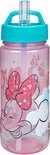 Bouteille rose avec une image de Minnie Mouse avec un nœud et des fleurs. Bouchon bleu avec paille.