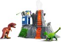 Speelgoed vulkaan met lava, klimop, kraan, 2 dinosaurussen en rookpluim.