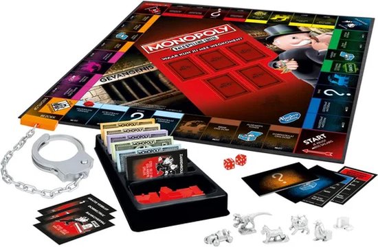 Monopoly Valsspelers Editie bordspel met Mr. Monopoly, gevangenis, geld, dobbelstenen en fiches.