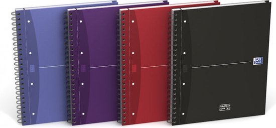 Rij van vier spiraalgebonden notitieboeken in paars, rood, donkerpaars en zwart.