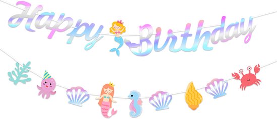 Verjaardagsslinger met 'Happy Birthday' tekst, zeemeerminnen, zeepaardjes, octopussen, krabben, schelpen en zeewier.