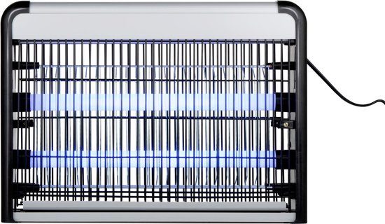 Elektrische insectenlamp met twee blauwe UV-buizen, zijaanzicht.