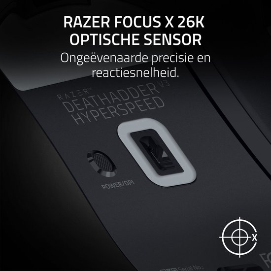 Onderkant van de Razer DeathAdder V3 Hyperspeed muis met tekst over de FOCUS X 26K optische sensor.