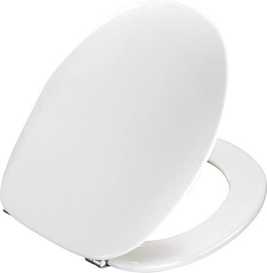 Witte toiletzitting met RVS scharnieren, zitting omhoog geklapt.
