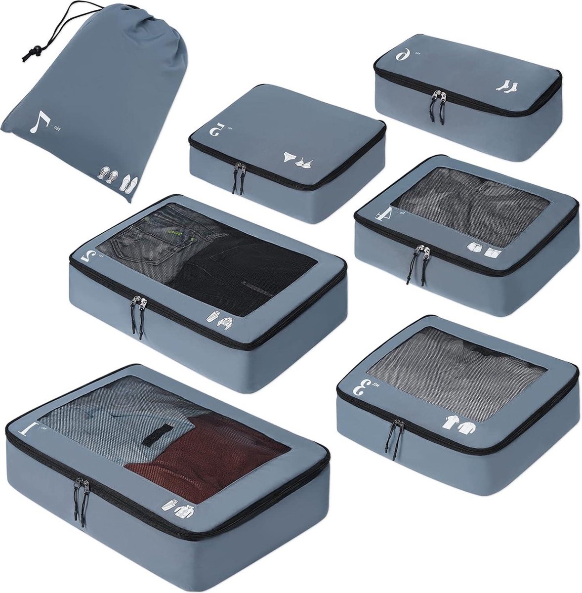 Inpakblokjes voor koffer - 7 PCS - Eco-Friendly Reisorganisator - Verpakkingszakken - Gerecycled Reistoebehoren - Schoenen Zakken - Opbergtas - Bagageorganisatie - Reisetui (Grijs) Packing Cubes Backpack