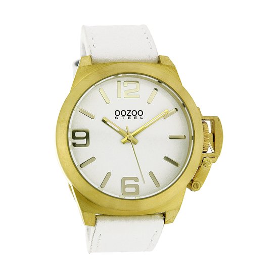 OOZOO Timepieces - Goudkleurige horloge met witte leren band - OS108