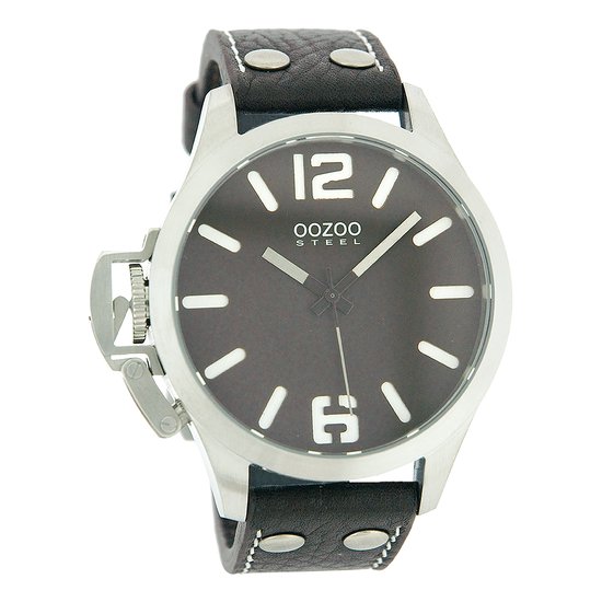 OOZOO Timepieces - Zilverkleurige horloge met bruine leren band - OS254
