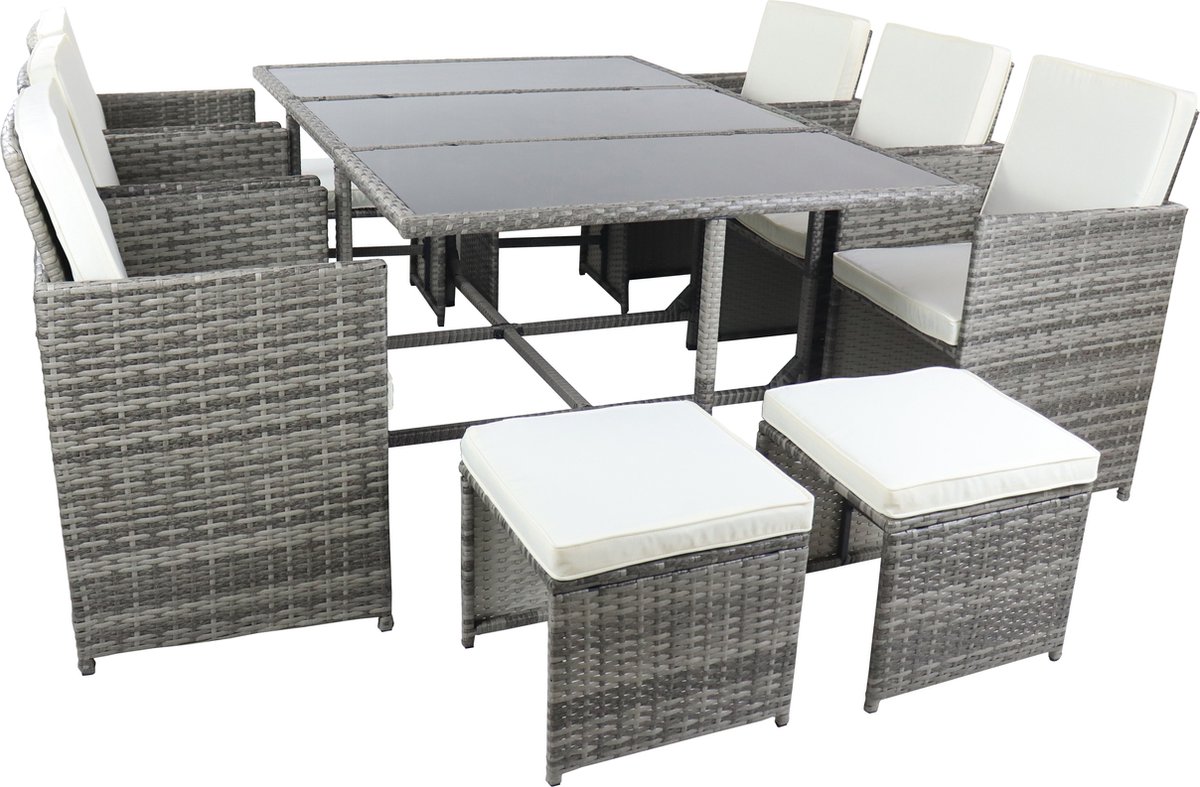 Moderne VCM 9-delige tuinset met glazen tafel en rotan stoelen.