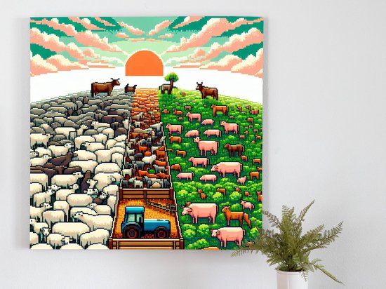 Pixel art vee schilderij | Digitale herder: Een pixelig eerbetoon aan ons vee erfgoed | Kunst - 60x60 centimeter op Canvas | Foto op Canvas