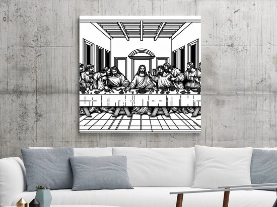 Line art laatste avondmaal schilderij | De lijnen van het laatste avondmaal dansen op doek | Kunst - 30x30 centimeter op Canvas | Foto op Canvas